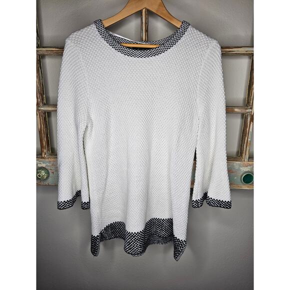 White Sweater Navy accents with bell sleeves by Melissa Paige Size Large - Picture 2 of 8